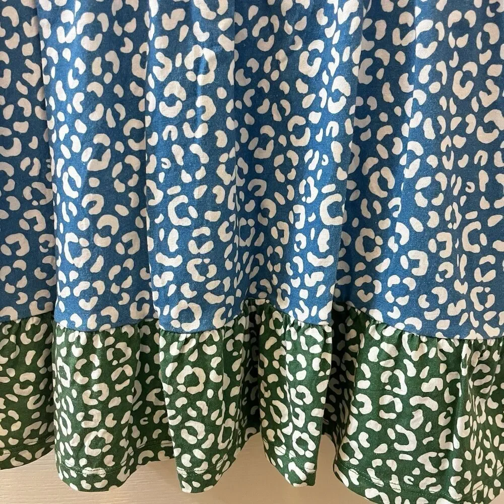 Mini Boden Colorblock Cheetah Print Dress Long Sleeve Ruffle Girls Size 7-8